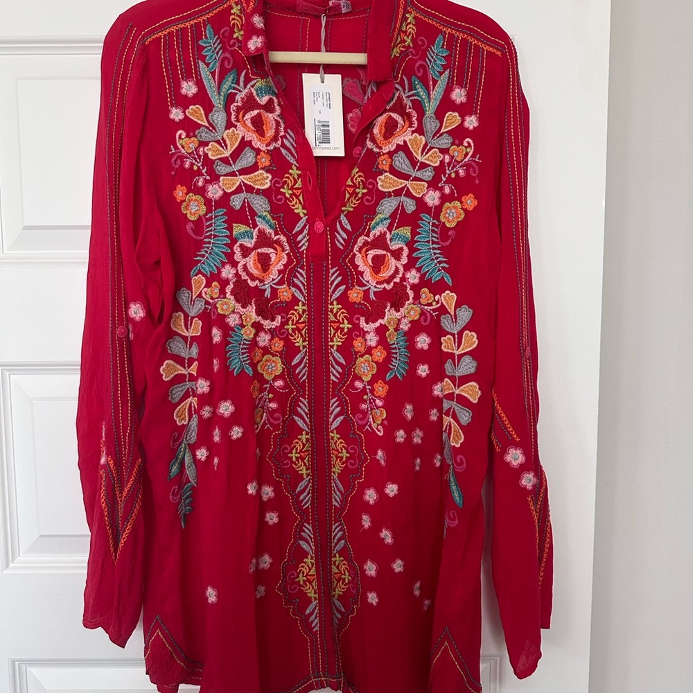 Johnny Was Red Floral Embroidered Blouse